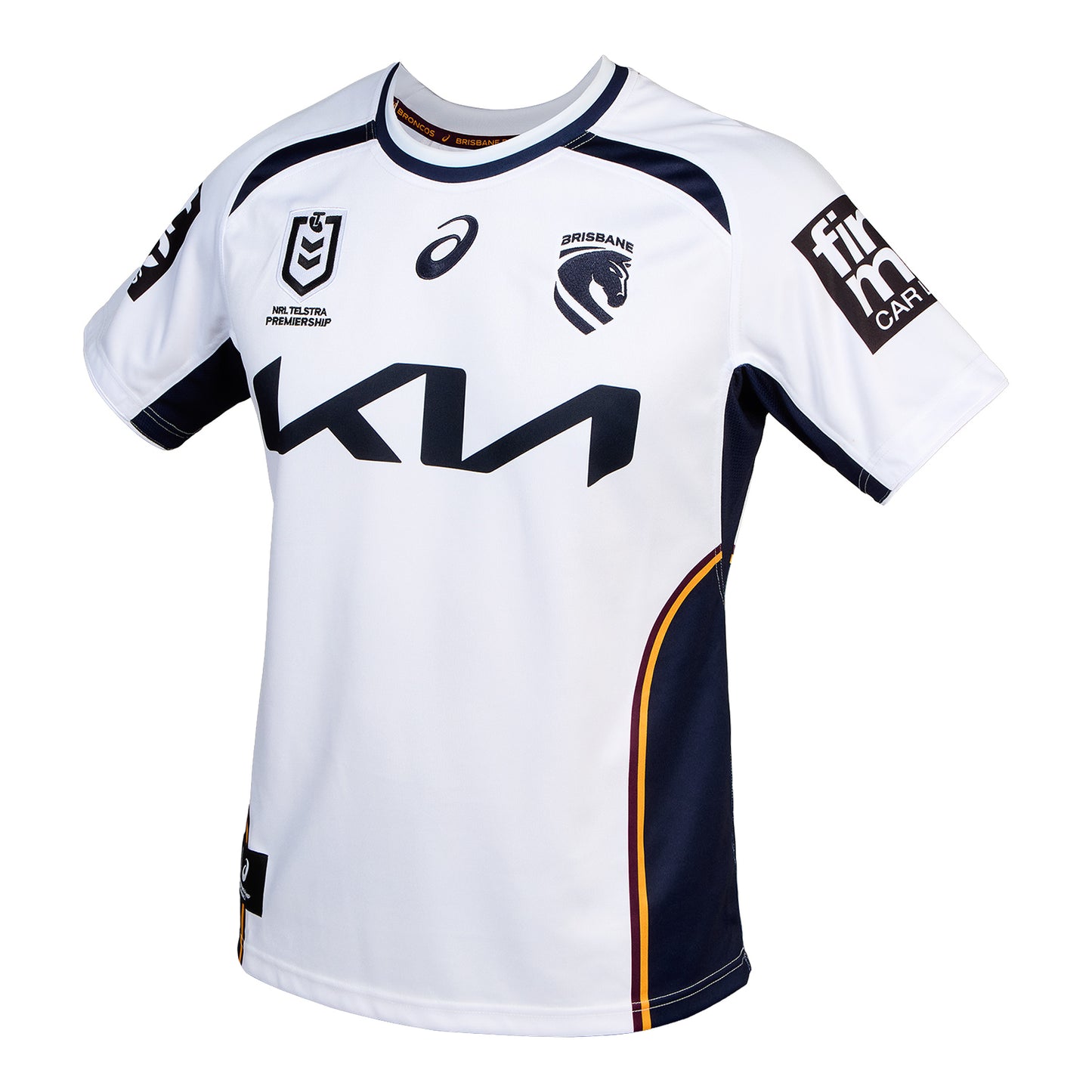White sports jersey with black and yellow accents featuring various logos on a white background