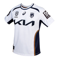 White sports jersey with black and yellow accents featuring various logos on a white background